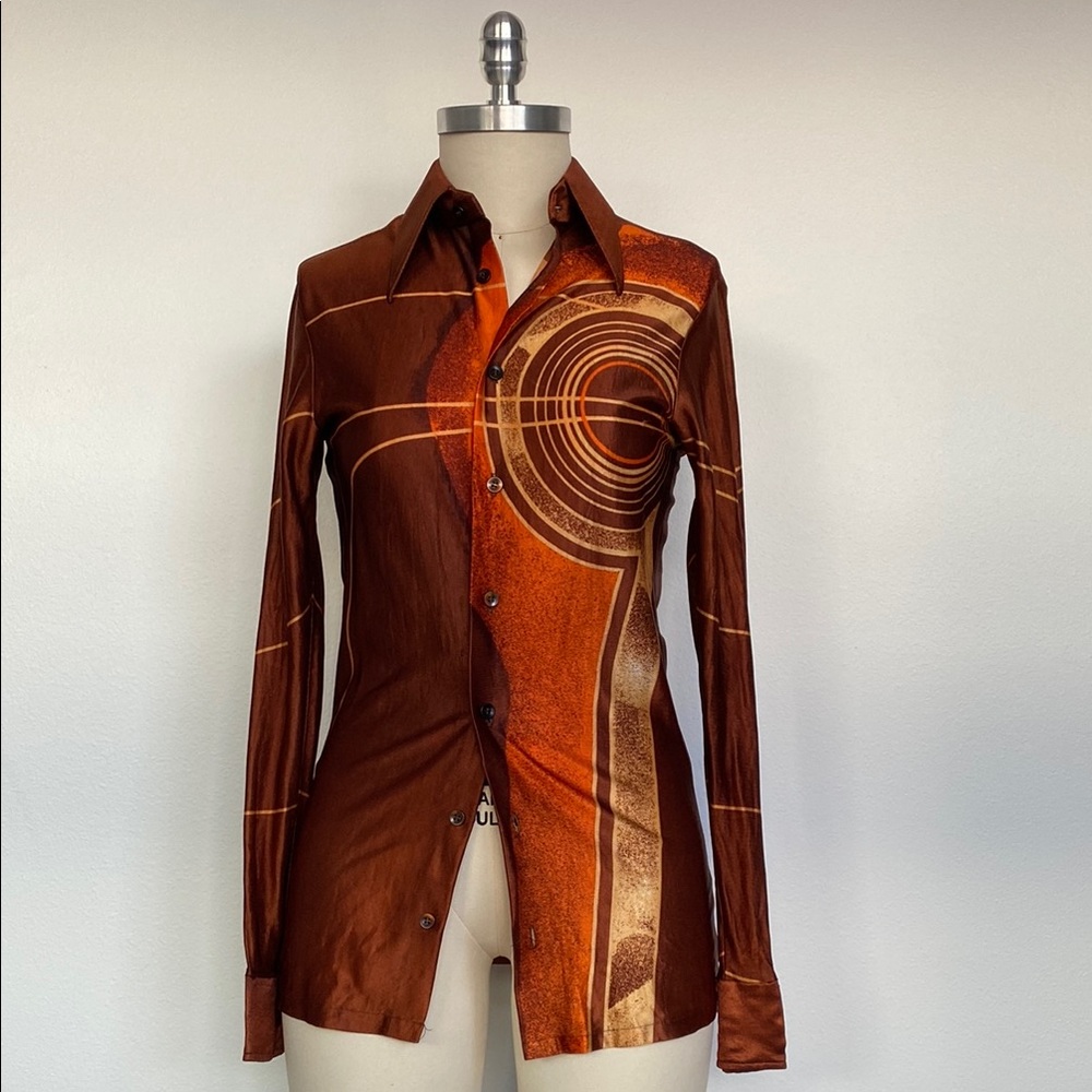 Vintage 1970s Shiny Brown and Orange Patterned Shirt